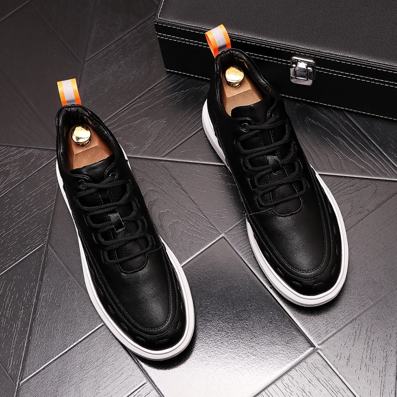 

Korean style mens casual original leather shoes tide black white shoe youth streetwear handsome sneakers platform footwear mans