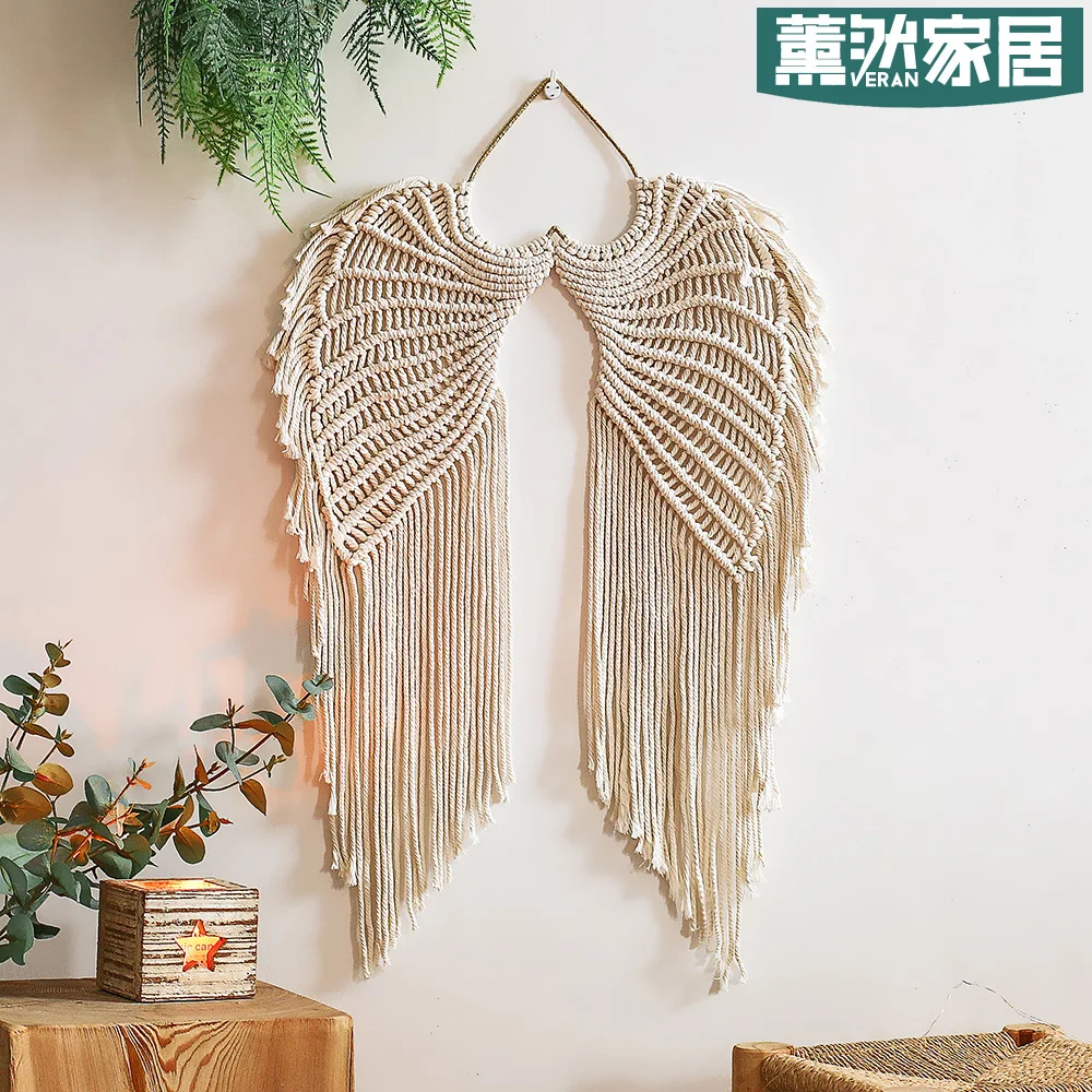 Angels Wing Macrame Wall Hanging Tapestry, Macrame Tapestry with Long Tassels, Wings Shape Handmade Woven Wall Tapestry
