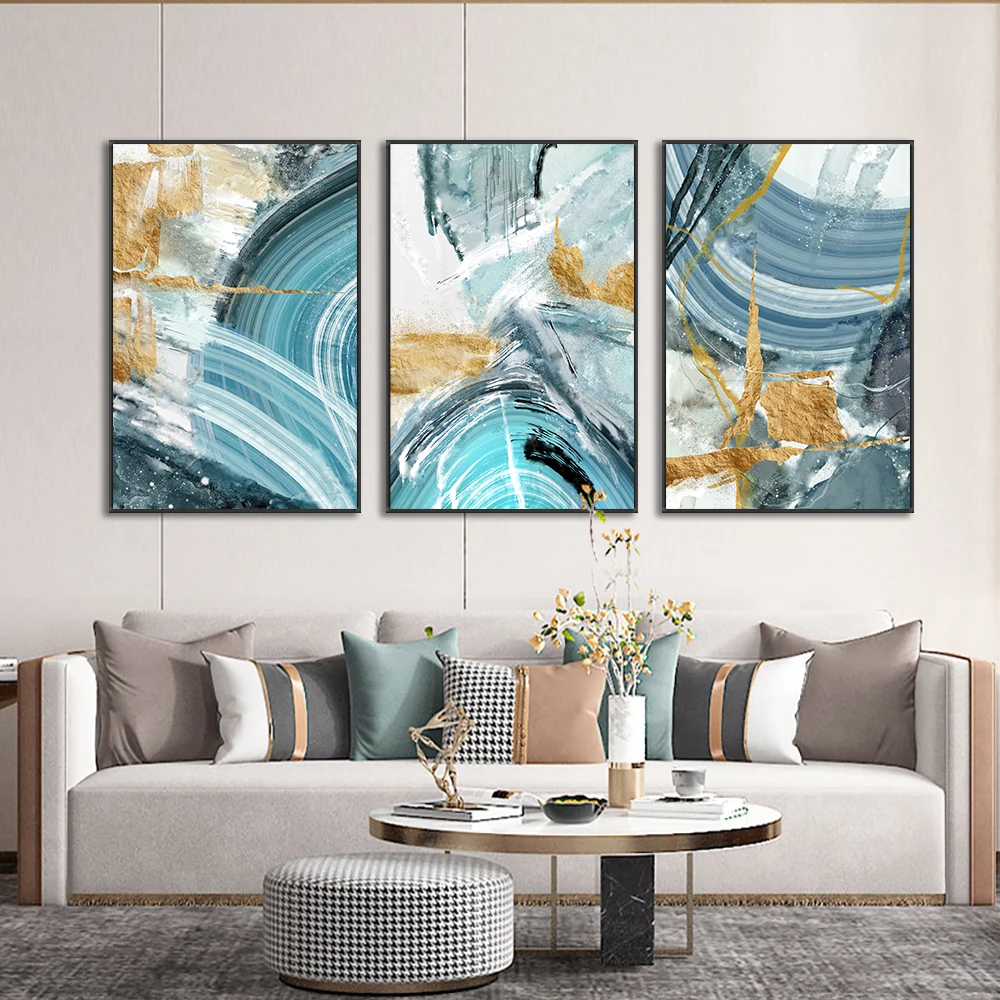 

3pcs Set Abstract Blue With Gold Painting On Canvas Modern Posters And Prints Wall Art Pictures For Living Room Home Decoration