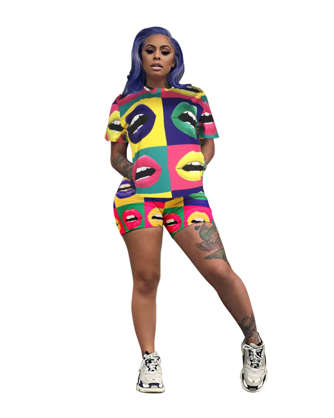 

Лидер продаж 2021, женская одежда Ursuper, цветные принты с губами, модные шорты для спорта и отдыха, комплект из двух предметов с коротким рукавом