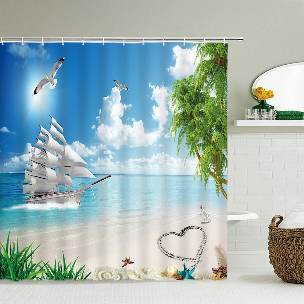 

3D Printed Sunny Beach Shower Curtain Sea Scenery Bath Screen Waterproof Polyester Bathroom Curtains Home Decoration With Hooks