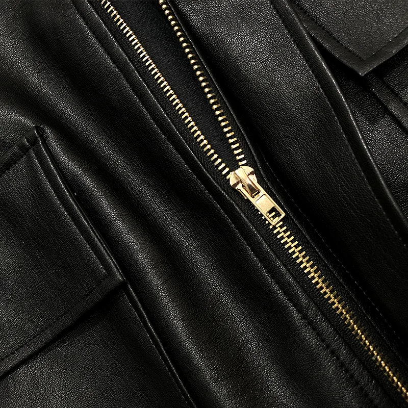 

New Autumn Women Black Faux Soft Pu Motorcycle Leather Jacket Casual Loose Mandarin Collar Faux Leather Punk Zipper Overcoat