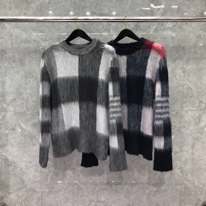 TB THOM  Sweaters Winter Sweater Male Fashiom Brand Men's Clothing Classic Mohair 4-Bar Stripe Crew Neck Pullover Plaid Coats