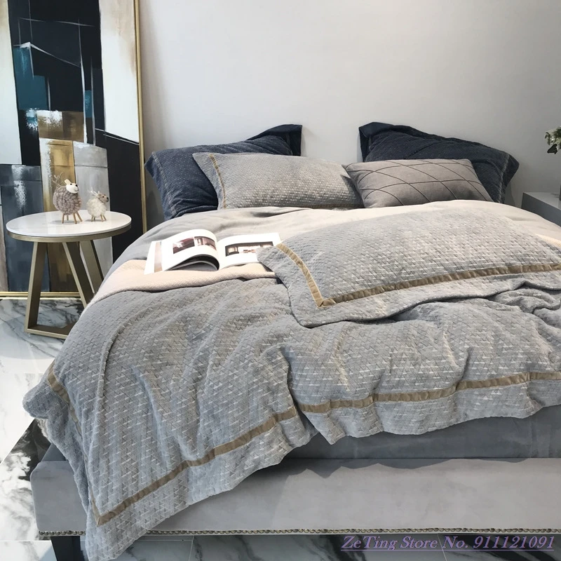 

4pcs Bedding Set High Quality Anti Static Carved Velvet Bed Linen Thick Warm Coral Velvet Bedding Autumn Winter Duvet Cover 1.8m