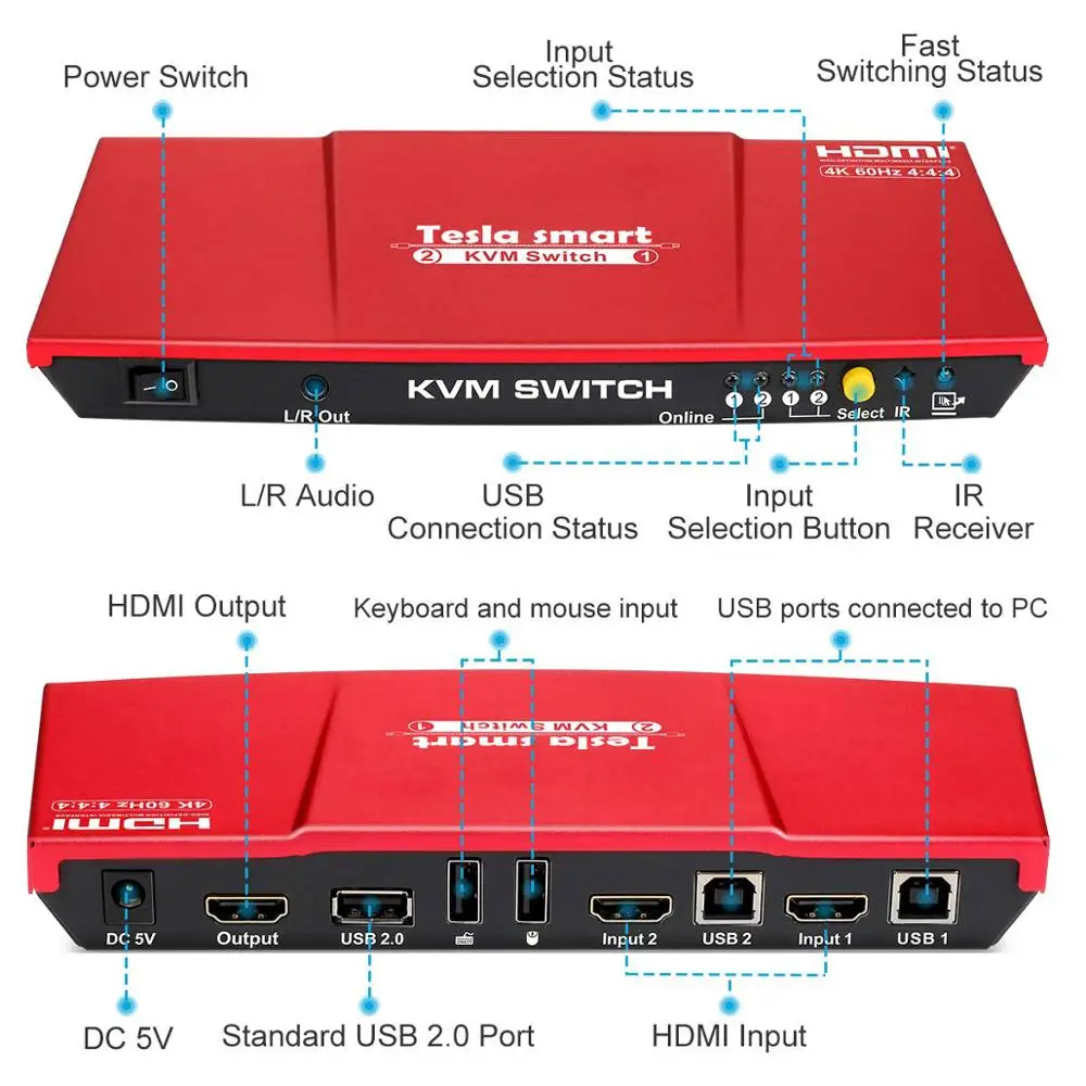 Tesla Smart высококачественный HDMI 4K@60Hz HDMI KVM переключатель 2 порта USB KVM HDMI переключатель поддержка 3840*2160/4K*2K дополнительный USB 2.0 порт красный
