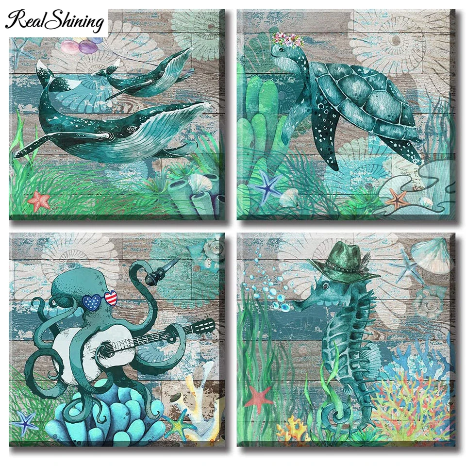 4 Piece 5d Diy Diamond Embroidery Teal Ocean Sea Turtle Horse Octopus Pictures Cross Stitch Gift Mosaic Embroidery Pattern,T214