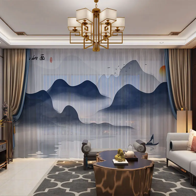Шторы с изображением гор и пейзажа в китайском стиле занавески из натуральной