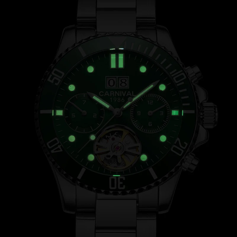 

Carnival Tourbillon Automatic Mechanical Watch Men Watches Top Brand Luxury Waterproof Luminous Green Sport Watches relogio 2019