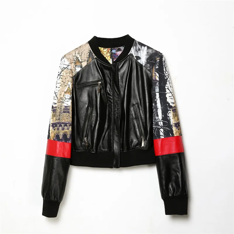 Куртка женская из натуральной кожи бейсбольная форма с принтом в стиле пэчворк