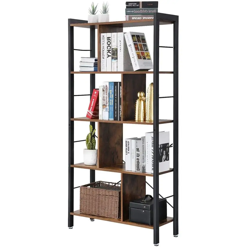 

4 Tier Industrial Bookshelf Storage Rack Living Room Office Study Floor Standing Simple Assembly Stable Steel Frame Rustic Brown