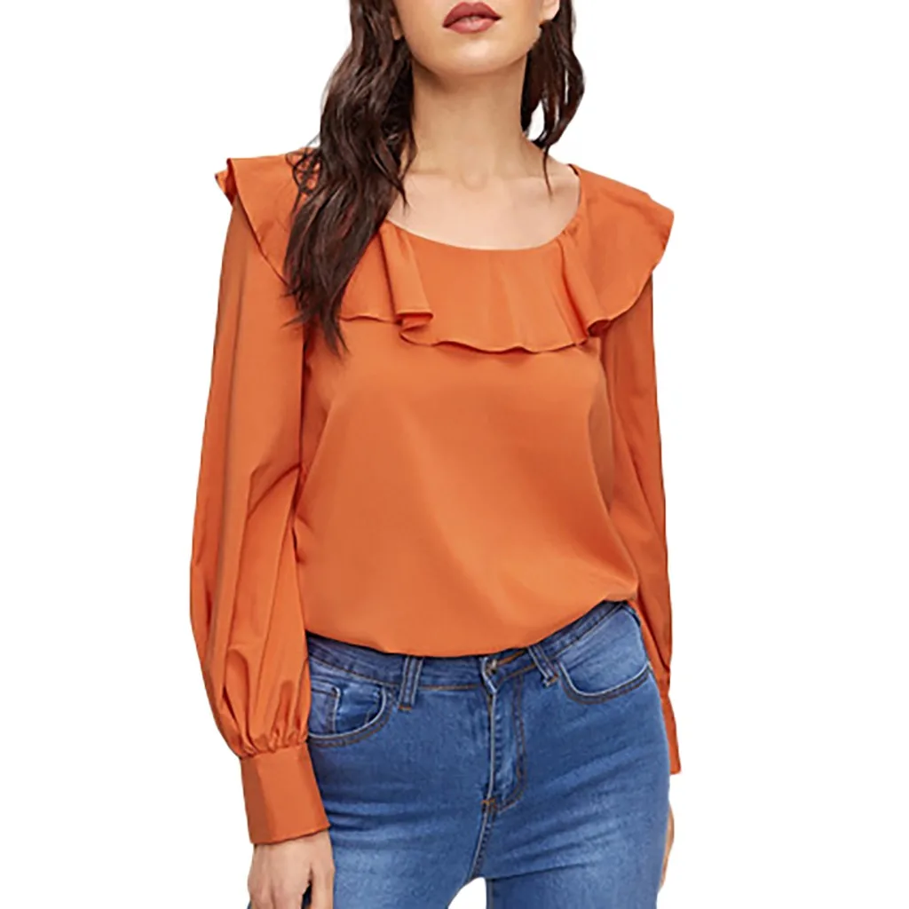 Блузка женская однотонная с круглым вырезом Повседневная рубашка длинным