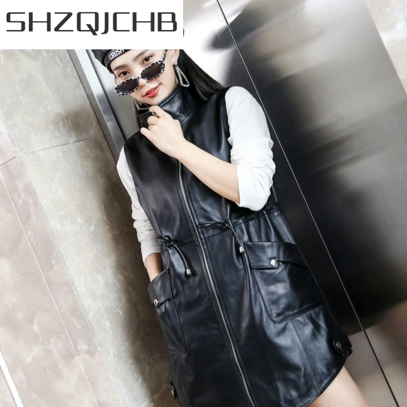

JCHB 2021 Mid-Length Waistcoat Women Autumn Genuine Leather Lapel Zipper Pockets Drawstring Female Sheepskin Vest Black Sleevele