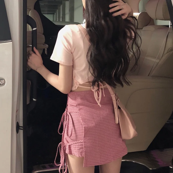 

Женская летняя обувь в японском Новинка весны с высокой талией юбки для девочек Harajuku винтажные юбки в клетку с бантом и повязка, короткая юб...