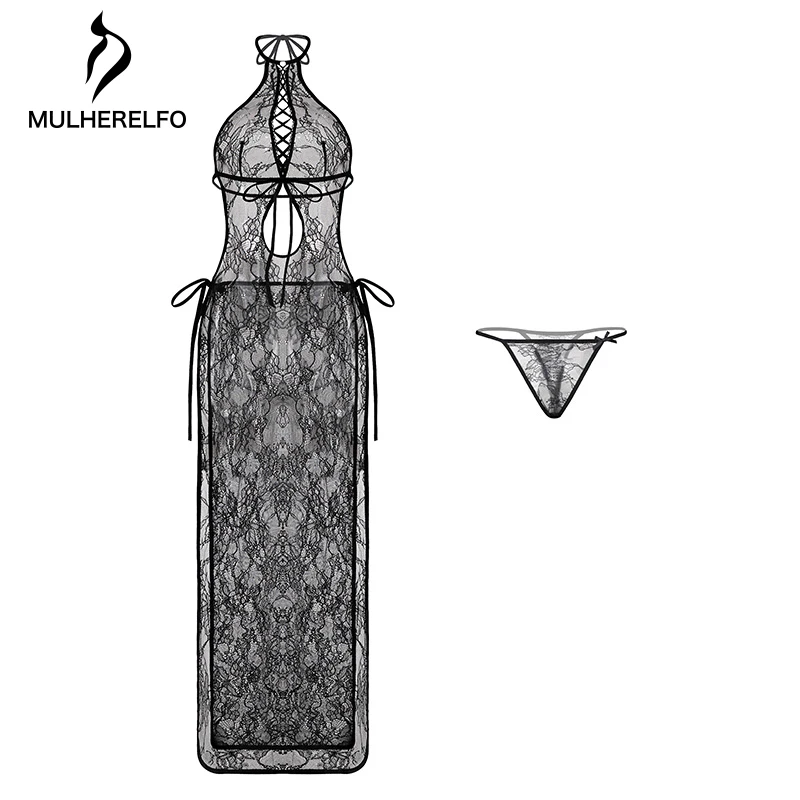 

Women Sexy Lace Sleeveless Hollow Split Sleepwear Black Sheer Open Backless Nightdress Cheongsam Tempatation Nightgown Suit