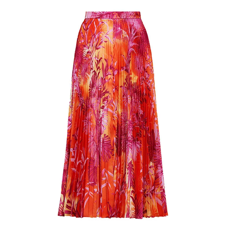 

High Quality Summer Jungle Series New Baroque Holiday Style Women Camisole + Printed High Waist Pleated Skirt Two Piece Set