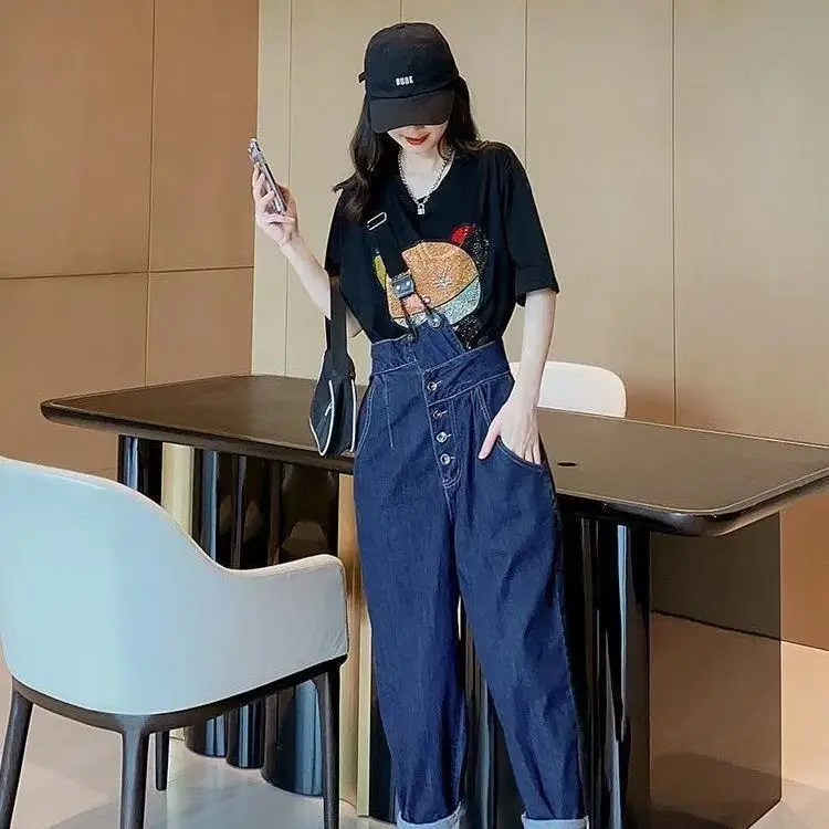 

Single/fashion set women's summer Korean version loose fat sister chiffon top high waist single-back jeans two-piece set