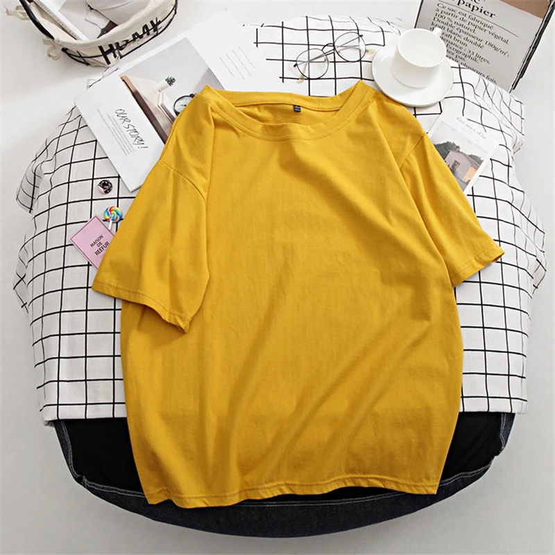 

Basic Cotton T Shirt Women Summer New Oversized Solid Tees 7 Color Casual Loose Tshirt Korean O Neck Female Tops