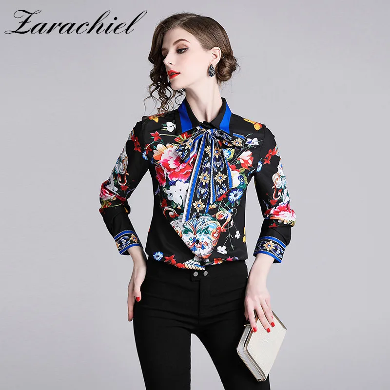 Блузка женская с фарфоровым принтом Модная элегантная рубашка длинным рукавом