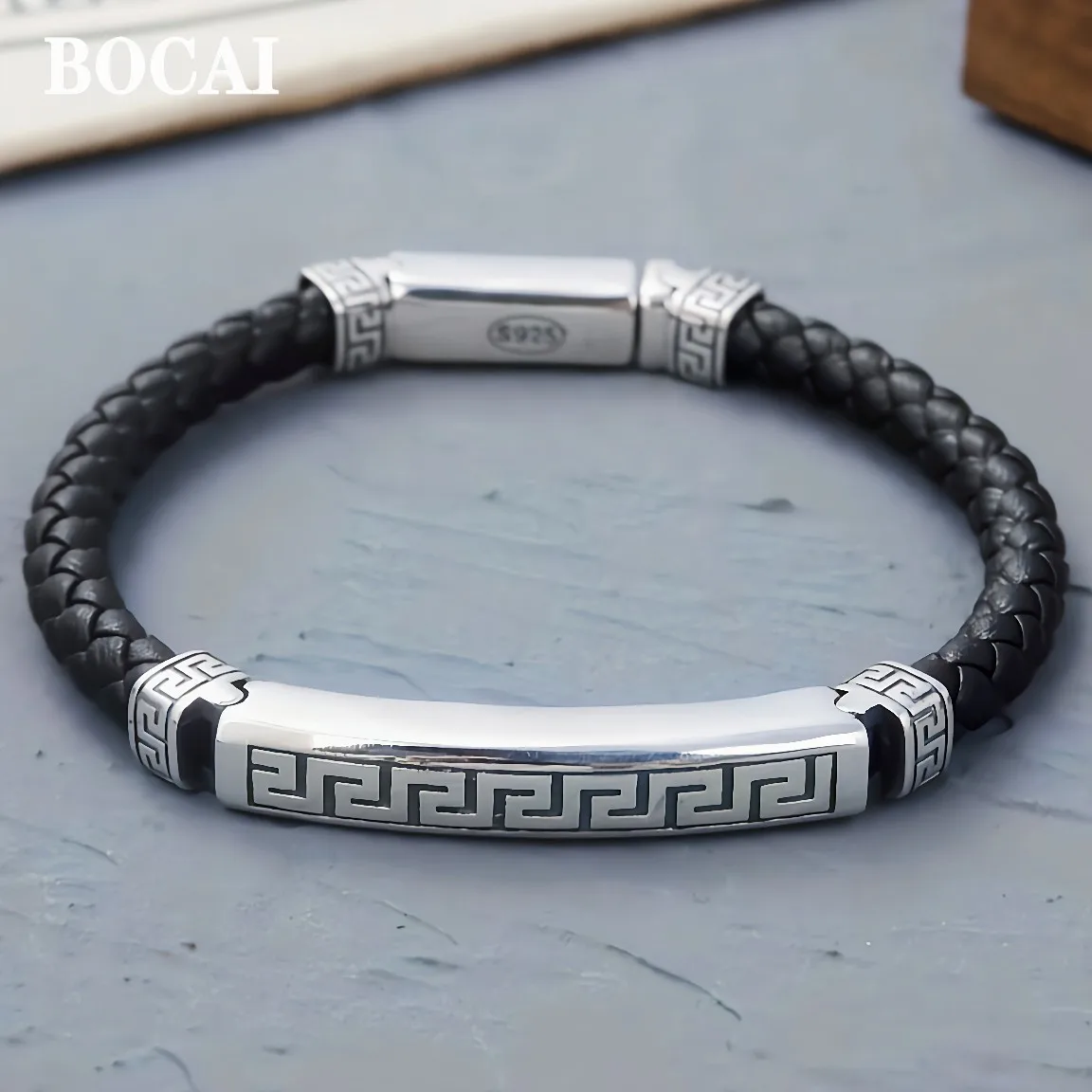 BOCAI New Trendy S925 Pure Silver Jewelry Original Key Pattern Personality Retro Leather Cord Man Bracelet