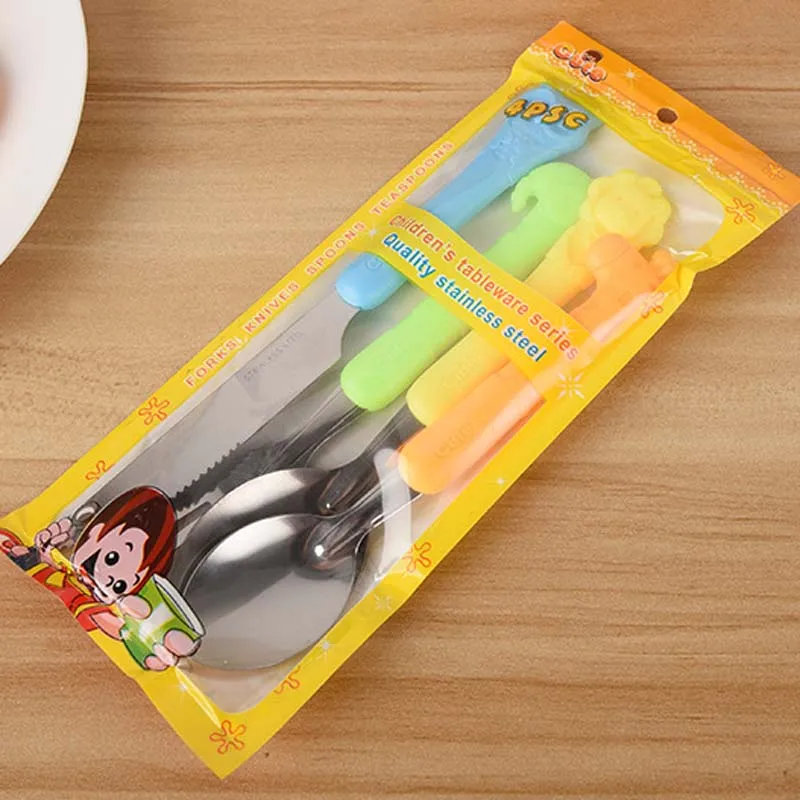 Baby Kids Tableware Cartoon Cutlery Set 4 Pcs Stainless Steel Child Feeding Dining Kid Feeder Utensil Spoon Fork Knife Kit | Дом и сад