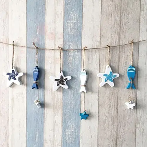 

Mediterranean Nautical Wall Decor Hanging Craft Wooded Fish Starfish Ornament