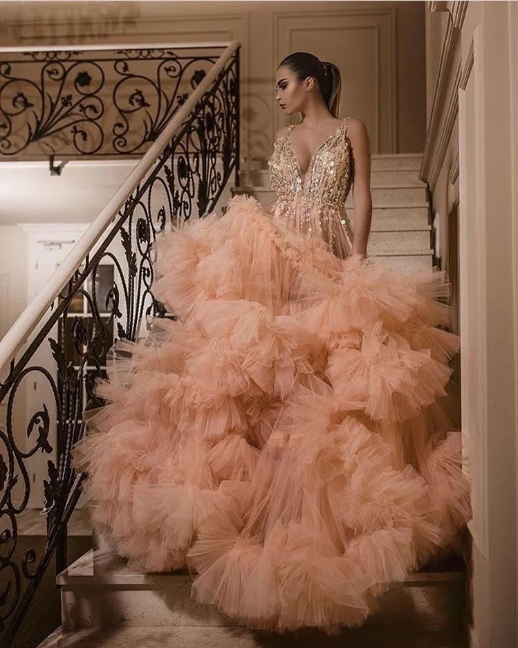 Luxury Champagne Ball Gown Prom Dresses Plunging V neck Beaded Spaghetti Straps Cascading Ruffles Dress P2272