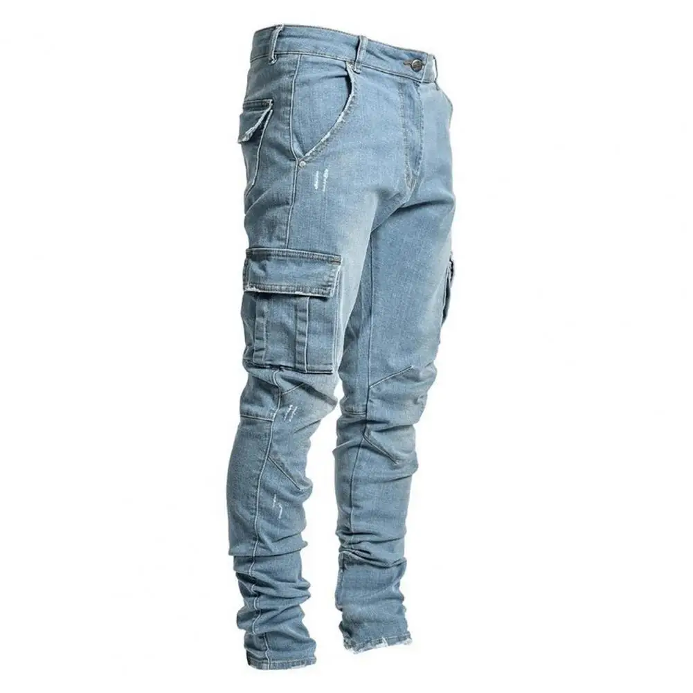 

Multi Pockets Men Casual Jeans Solid Color Denim Mid Waist Stretchy Skinny Silm Jeans Fashion Trousers Streetwear