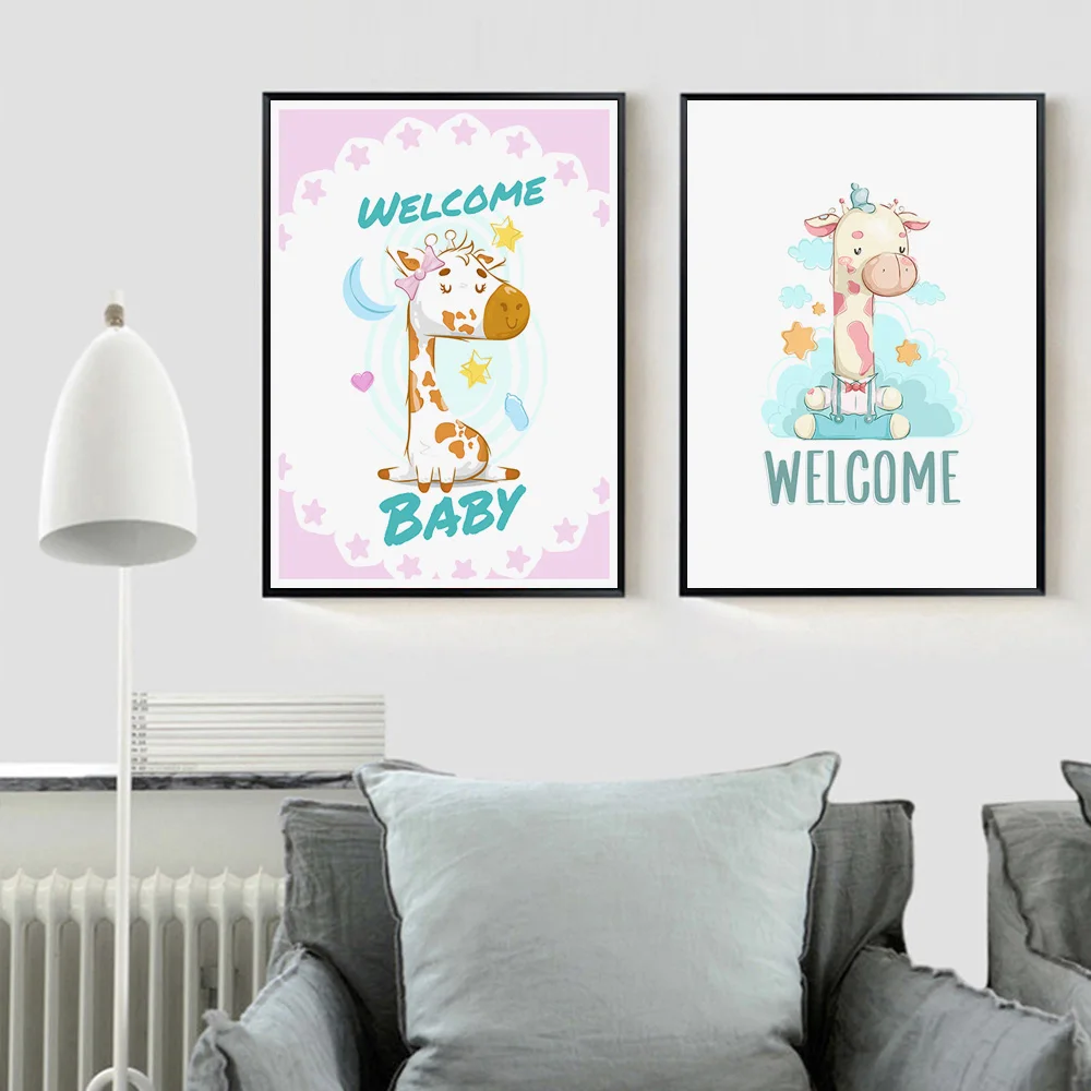 Милые животные слон жираф мальчик детская настенная Картина на холсте