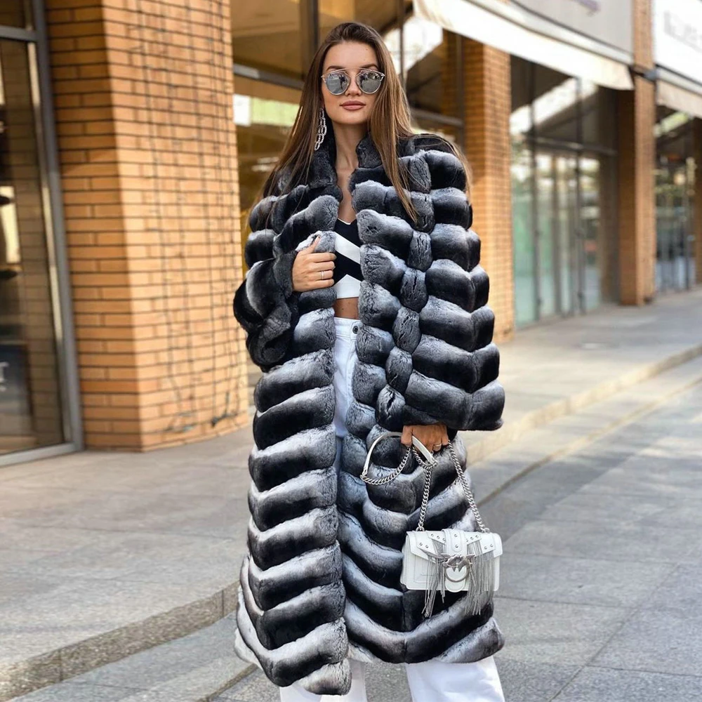 Fashion Long Real Rex Rabbit Fur Coat Stand Collar 2022 New Trendy Genuine Full Pelt Rex Rabbit Fur Coats Female Thick Overcoats