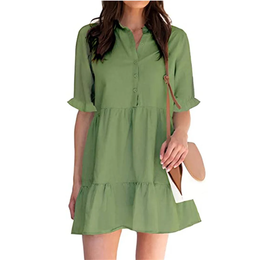 

Summer New Women's Casual Dress Puff Sleeve Ruffled A-line Dress For Ladies Solid Color Temperament Elegant Mid Skirt