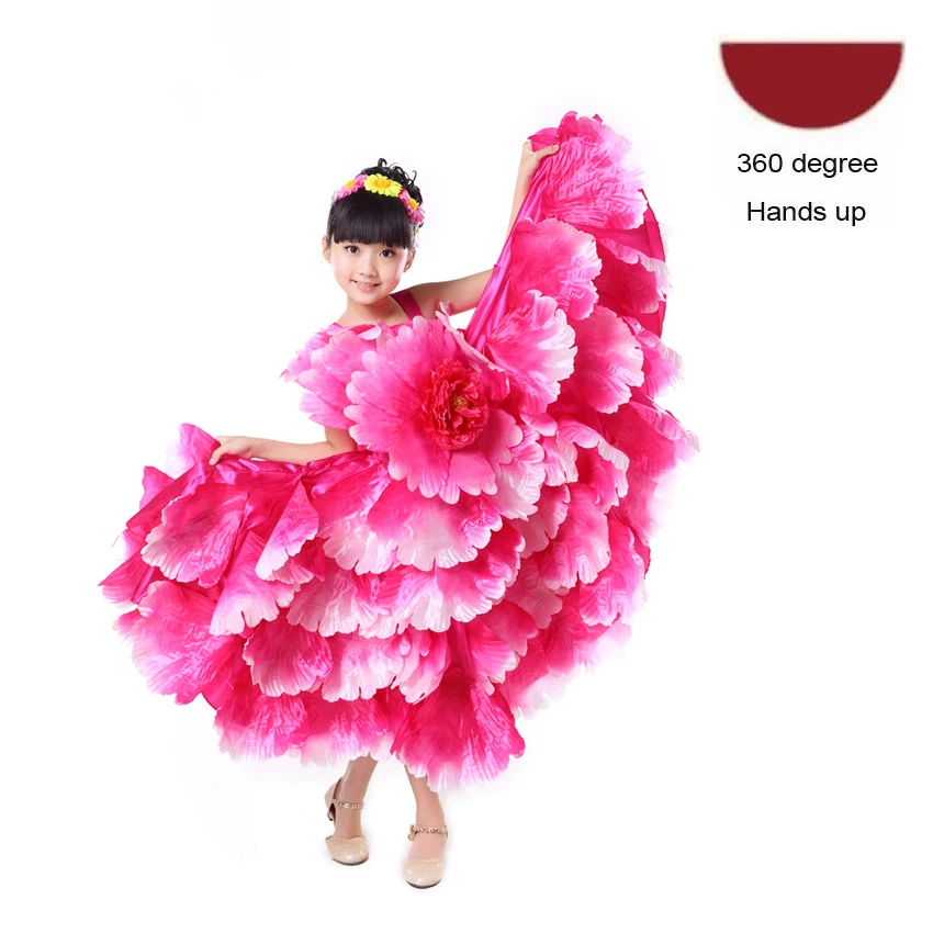 Color5 360 degree 6 видов цветов, испанское платье для девочек, для танцев фламенко, цыганские юбки Одежда для сцены платья для хора, лепестки, детские костюмы, 100 до 160 см - Цвет: Color5 360 degree
