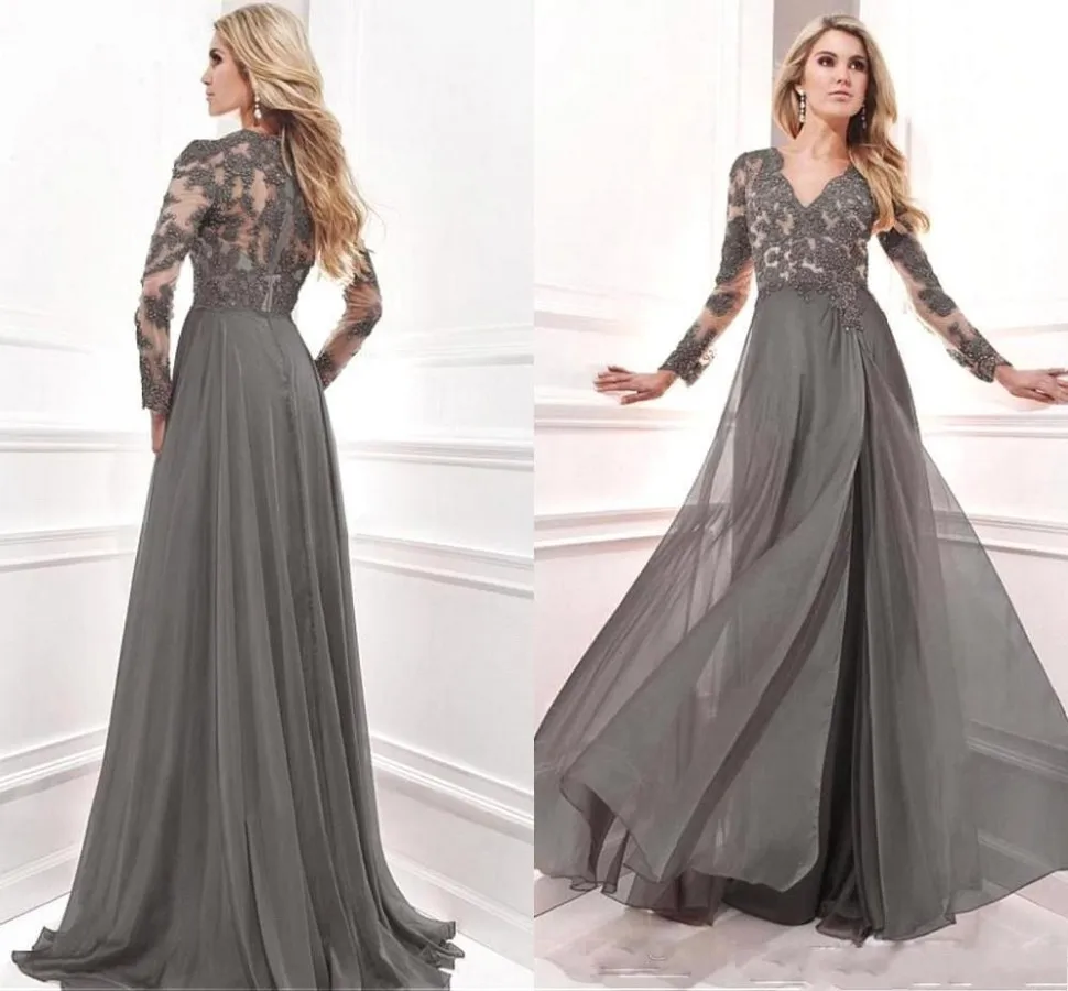 

New Gray Mother of the Bride Dresses Formal Party Gown Evening Wear With Lace Appliuqes Long Sleeve V Neck Robe De Soriee