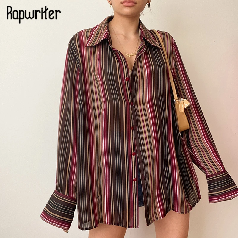 

Rapwriter Aesthetic Stripe Shirt y2k Single Breasted Top For Women Elegant Fashion Loose Blouse Harajuku Streetwear Vintage Top