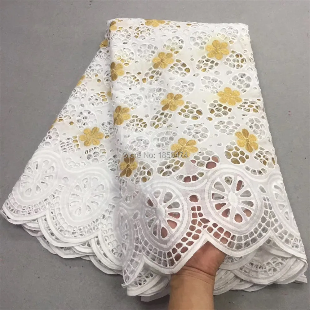 

High Quality Swiss Voile Laces Switzerland Cotton African Dry Cotton Lace Fabric White/Gold Hollow Out Nigerian Voile Lace 5Yard