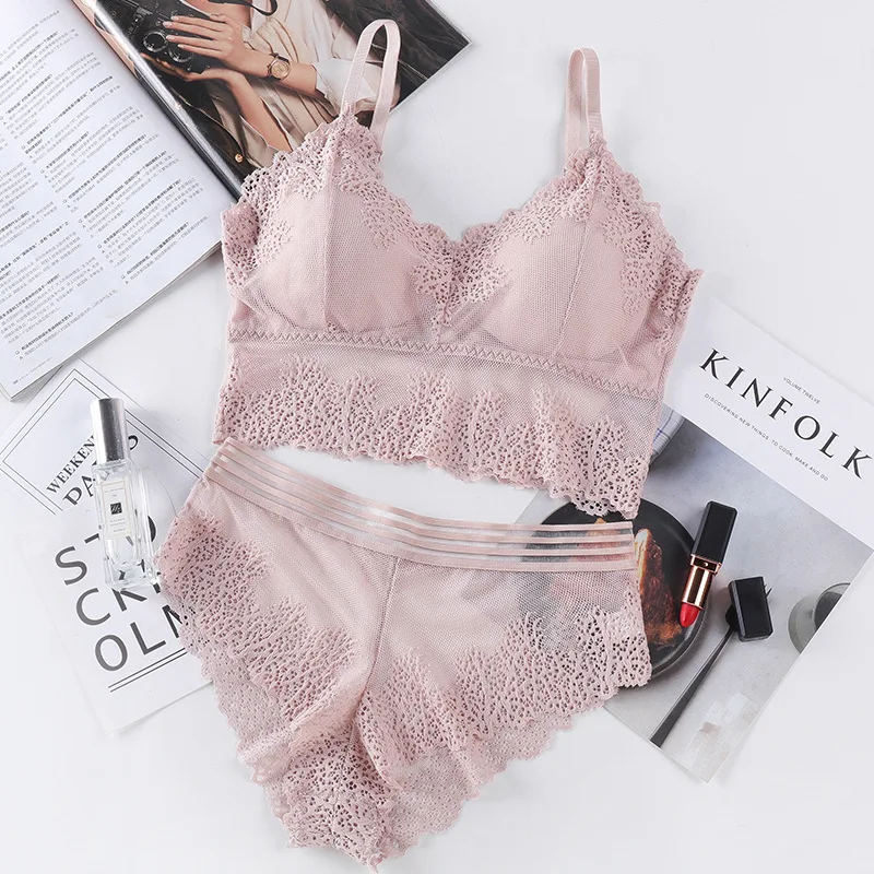 

Linbaiway 2020 Fahion V-Neck Lace Gathered Bra Set Female Wrapped Chest Women Lace Bras With Briefs Intimates Brassiere Set