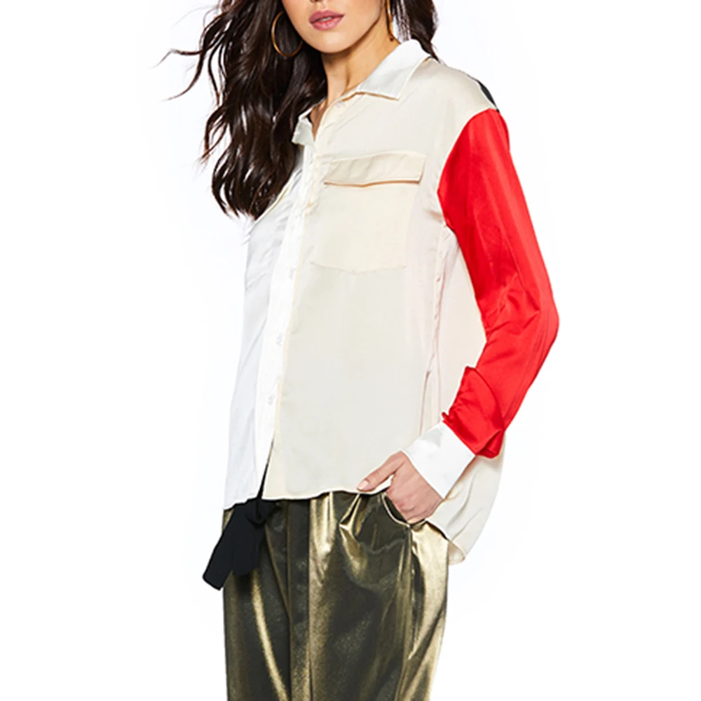 

Casual Loose Women Shirt Western Design Fashion Young Lady Lapel Patchwork Button Color Block Top 2021 Spring Summer New Tshirt