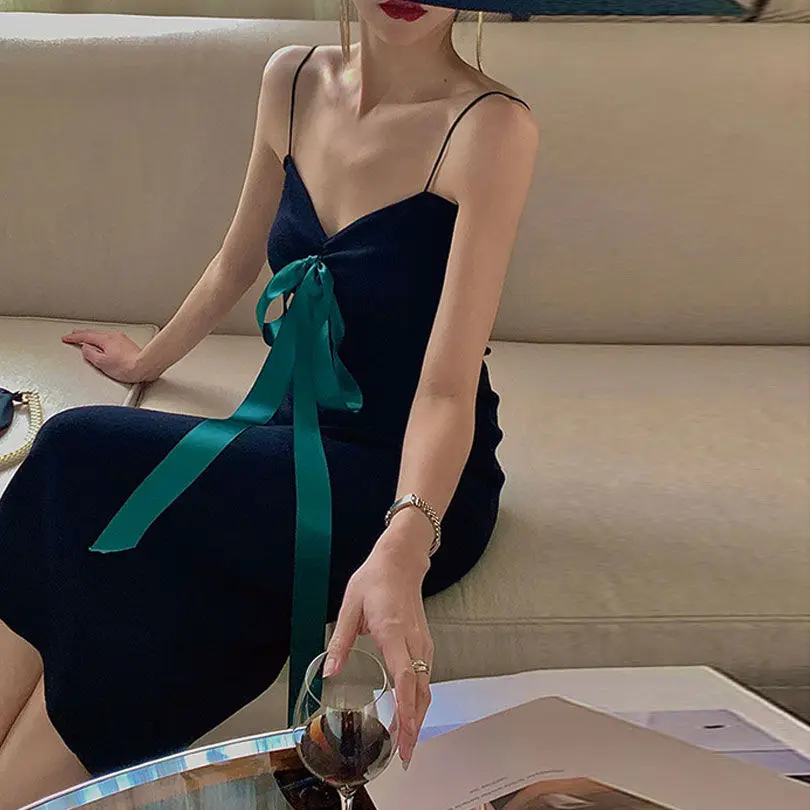 

Retro dark green suspender skirt 2021 new slim black dress