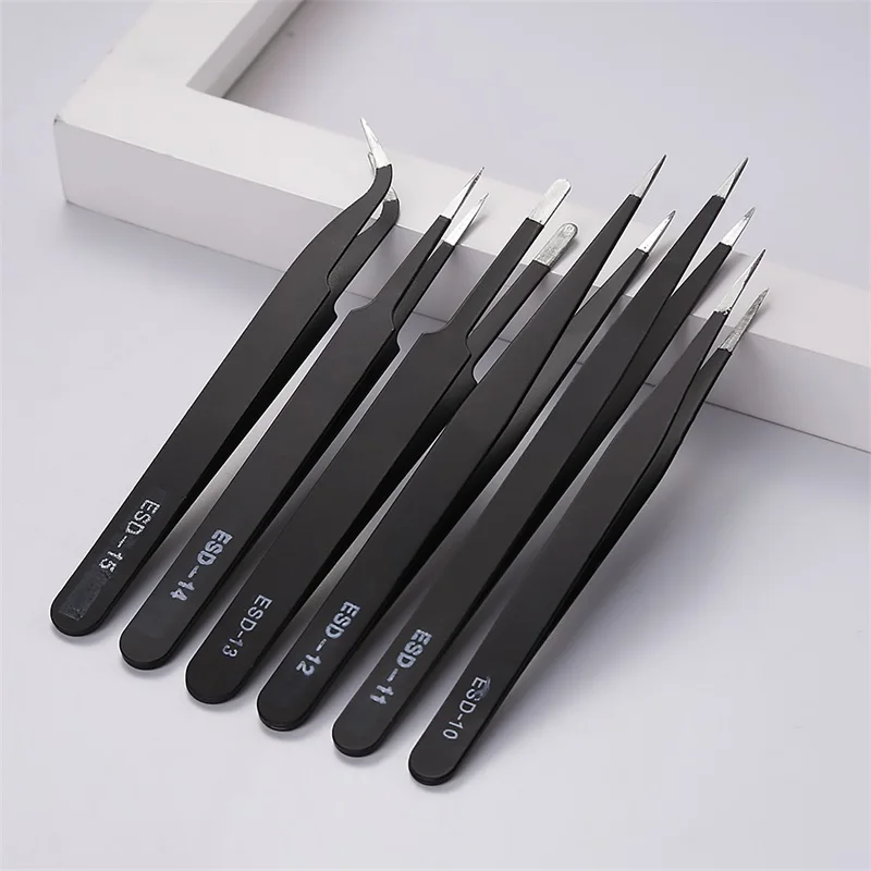 6Pcs Anti-static Stainless Steel Tweezers For Picking Up Gems Maintenance Tools Industrial Precision Curved Straight | Инструменты