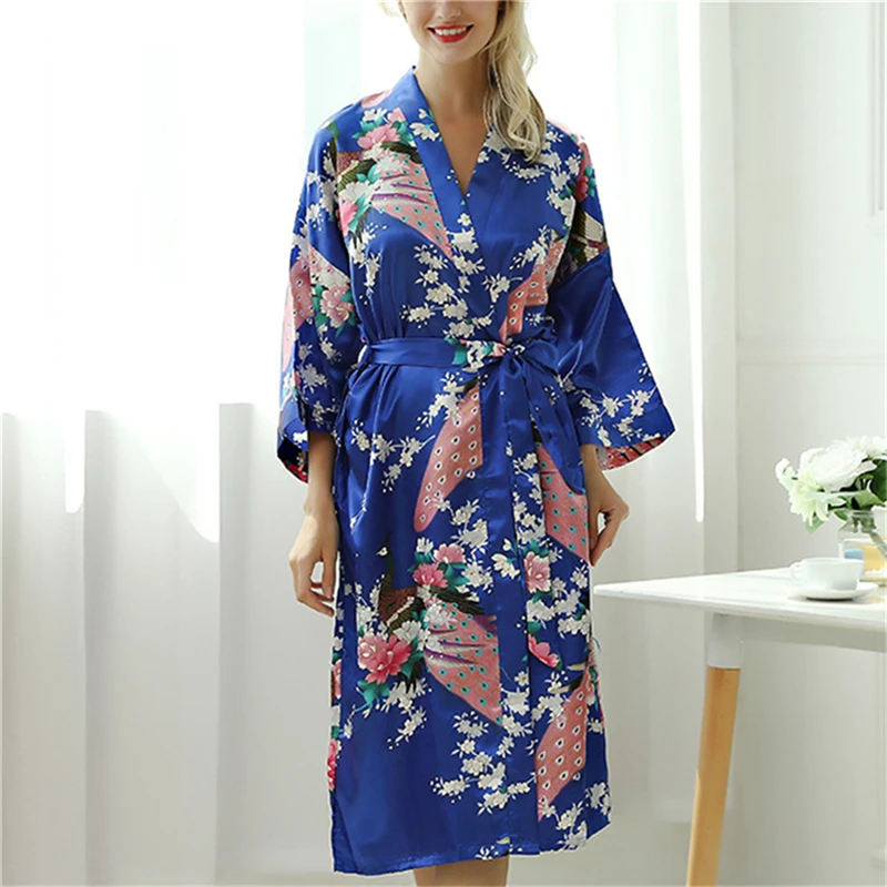 

Lady Sexy Costumes Japanese Kimono Yukata Dress With Belt Satin Silk Cardigan Pajamas Sleepwear Woman Smooth Bathing Robe Gown