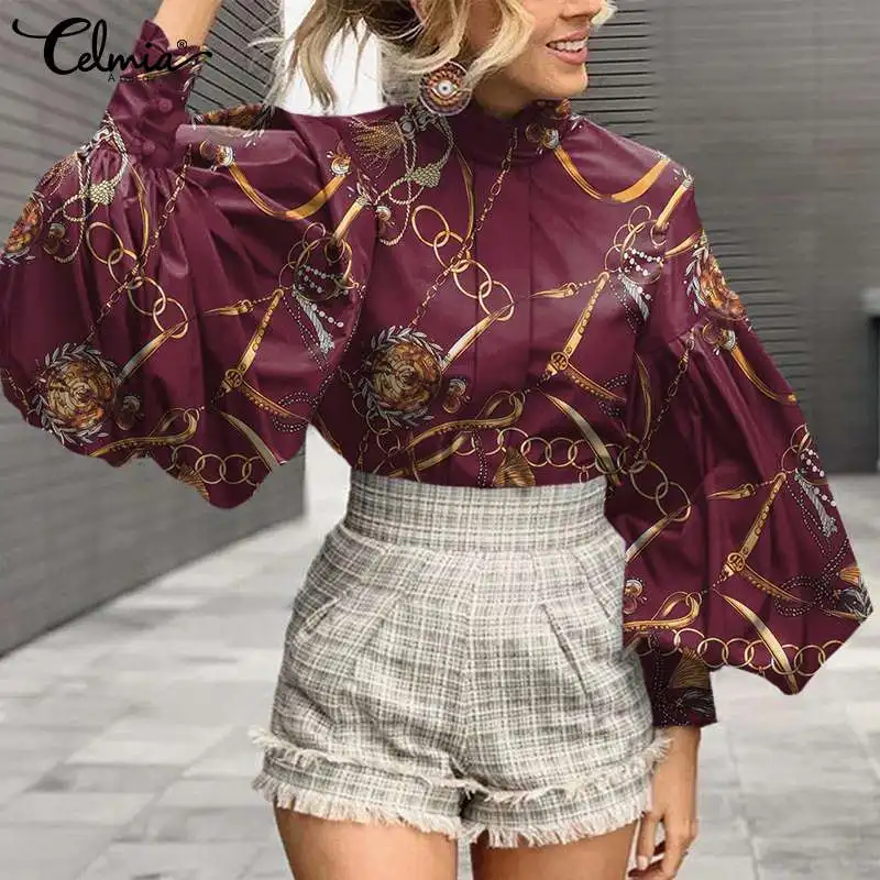 

Celmia Atutumn New Pleated Shirts Vintage Printed Streetwear Women Stand Collar Blouses Elegant Lantern Sleeve 2022 Fashion Tops