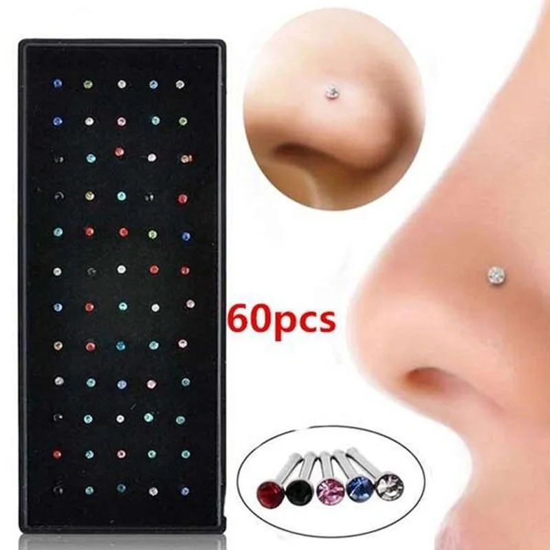 

60pcs Crystal Nose Ring & Studs Women Girl Jewelry Surgical Steel Nose Piercing White/Colorful Rhinestone Body Jewelry