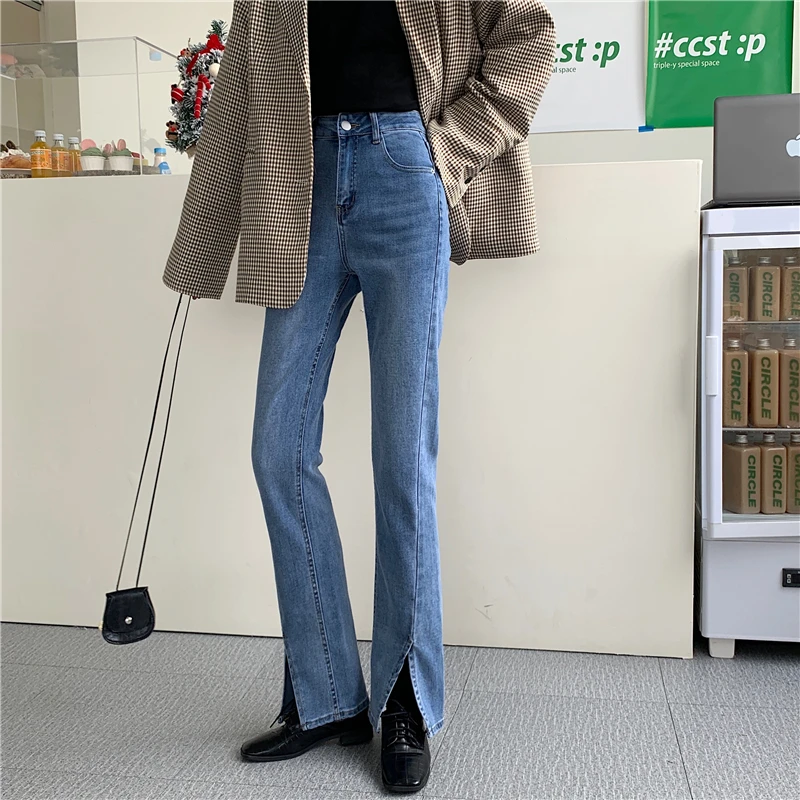 

YTX089 Straight loose spring autumn 2021 new high waist thin split jeans women