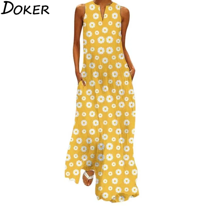 Платье женское с цветочным принтом длинное вечернее повседневное желтое