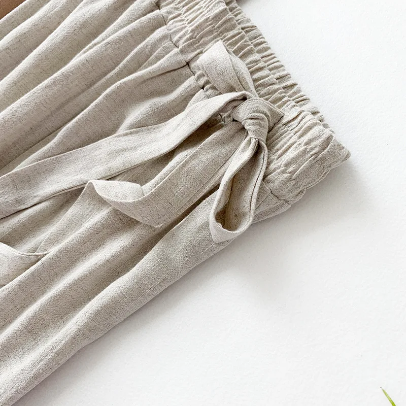 

Korean New Summer Wide Leg Pants Women Cotton Linen Elastic High Waist Straight Trousers Female Casual Sashes Ankle Length Pants