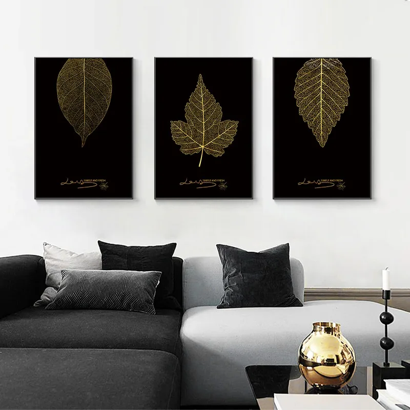 

Картина на холсте с черными и золотыми листьями, 3 шт.