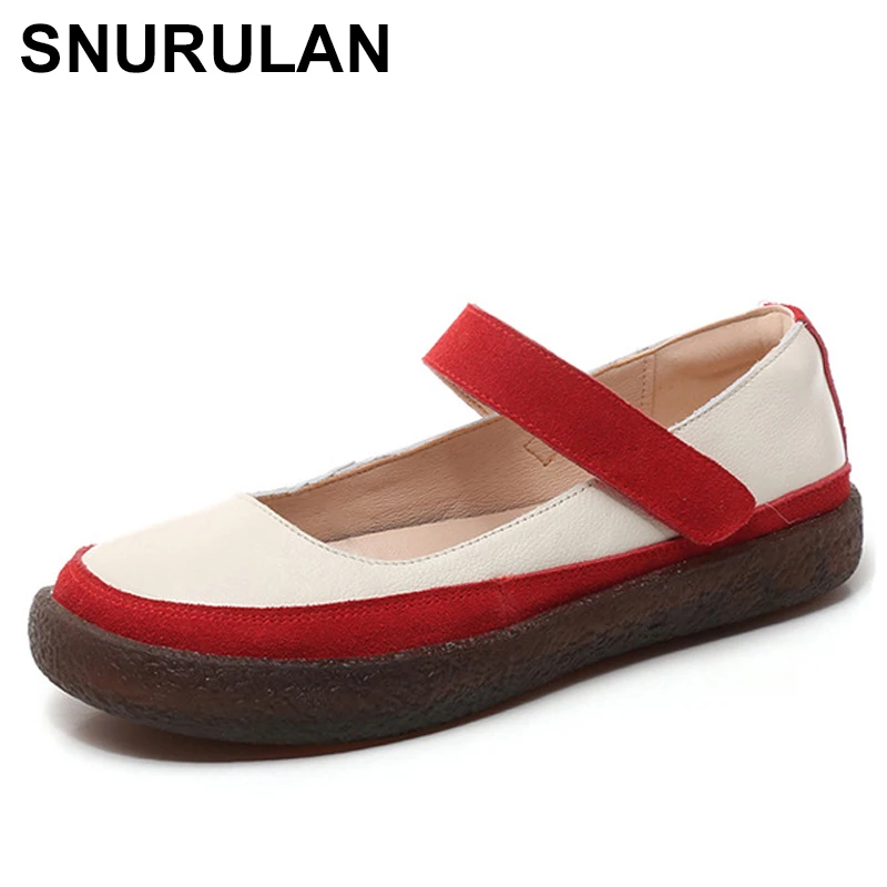 

SNURULAN Mixed Colors Genuine Leather Shoes Woman Mary Janes Slip On Ballet Flats Female Shallow Casual Harajuku Shoes Plus Size