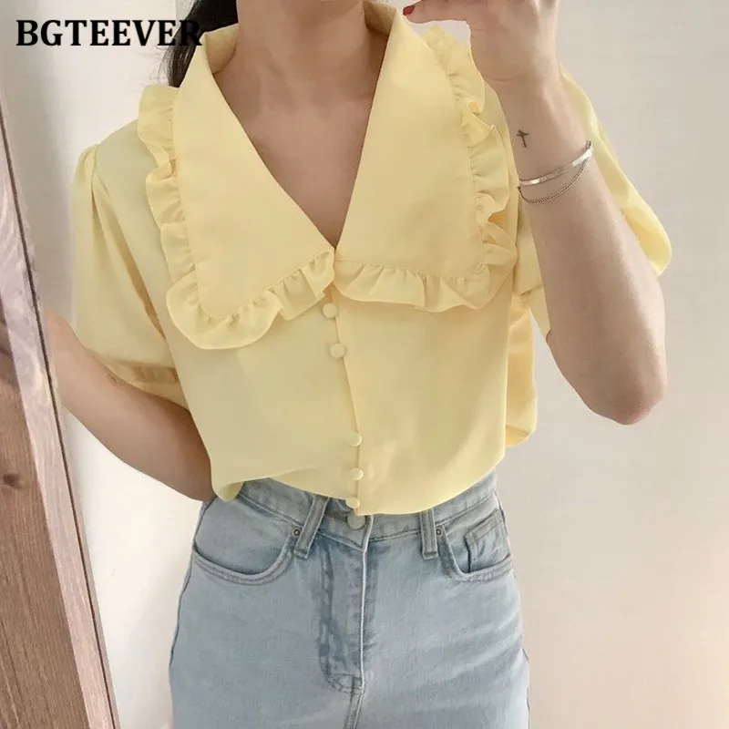 

BGTEEVER Casual Chic Peter Pan Collar Women Blouses Tops Short Sleeve Loose Single-breasted Female Chiffon Shirts Summer Blusas