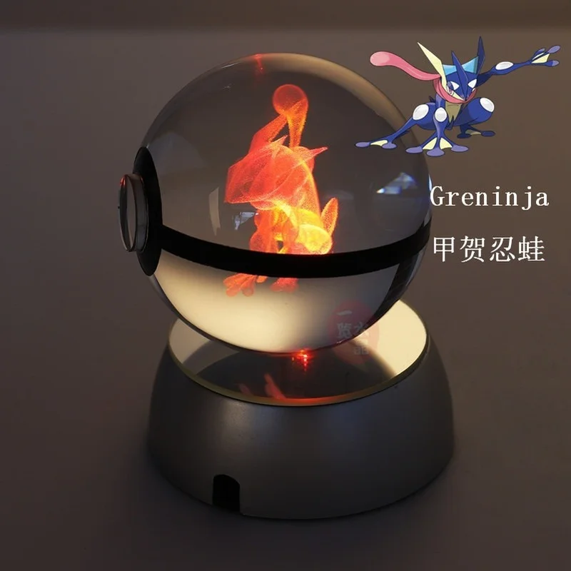 Anime Pokemon 3D Crystal Ball Greninja Figure Pokeball Engraving Crystal Model with LED Light Base Kids Gift ANIME GIFT