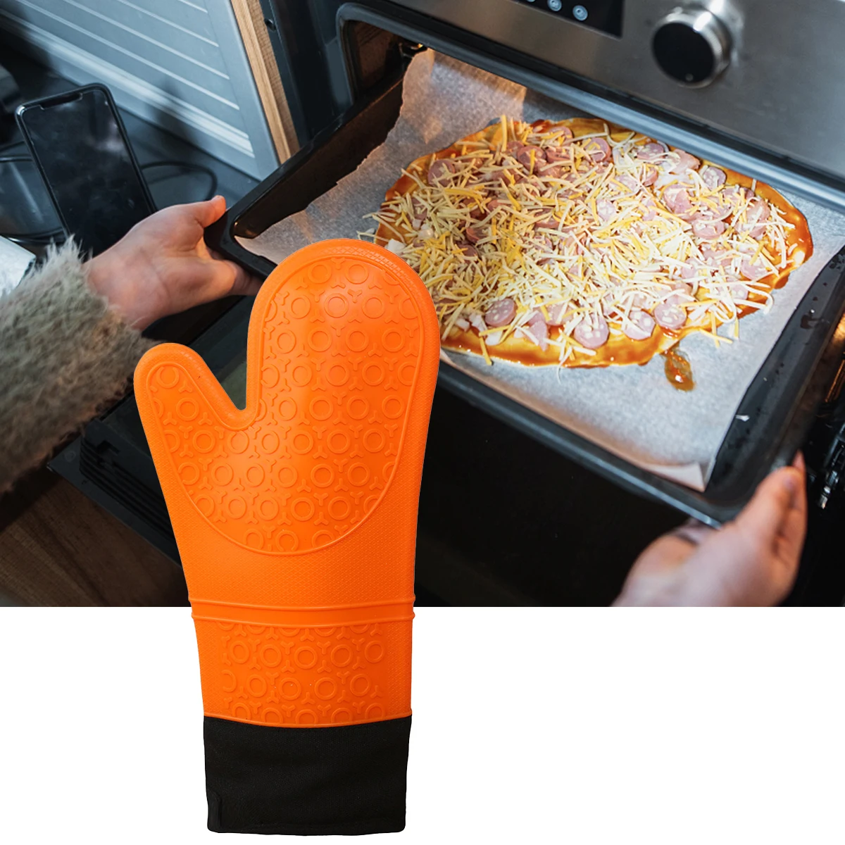 

1PC Single Piece Silicone Heat Resistant Glove Home Kitchen Oven Mitten With Quilted Liner Heat Insulating Pot Holder Glove