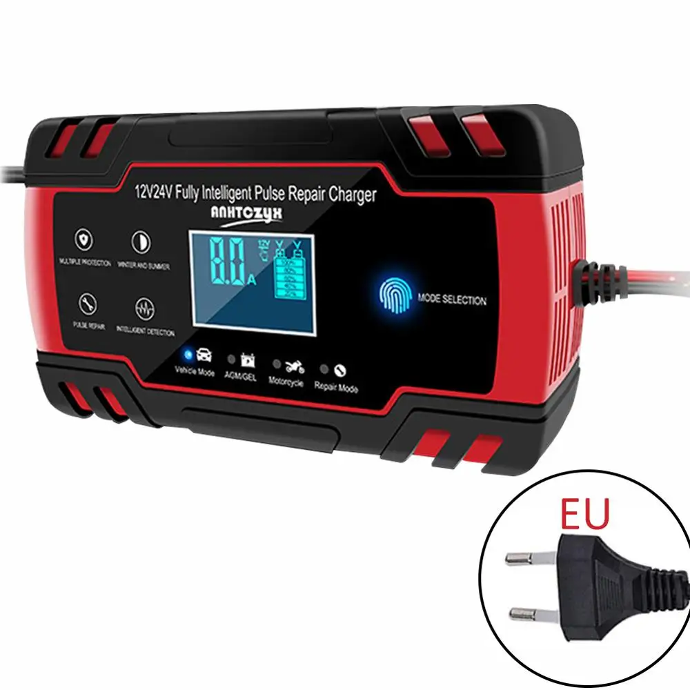 EU Plug 12/24V автомобиль Батарея Зарядное устройство полностью автоматический Сенсорный экран ремонт импульса Зарядное устройство цифровой ЖК-дисплей Дисплей сухая свинцово-кислотный Батарея Зарядное устройство s - Цвет: EU Plug